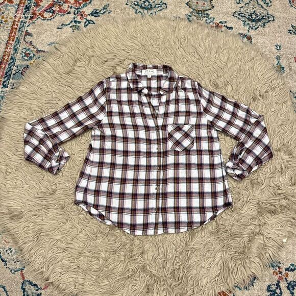 Cloth and stone metallic plaid button down blouse large - Picture 1 of 8